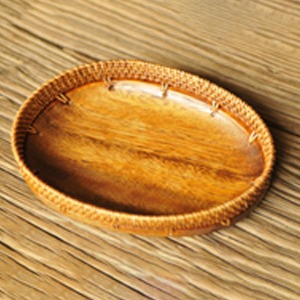 라탄 옻칠 호두나무 타원형 다식 쟁반 15cm x 5cm